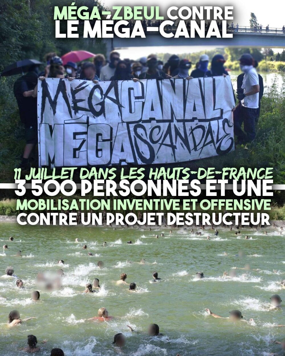Un premier cortège cherche à atteindre le chantier de méga-canal, tandis qu'un deuxième organise une baignade collective dans le canal déjà existant.