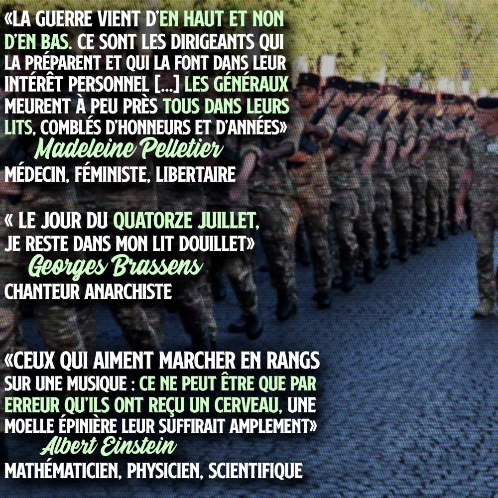 Quelques citations antimilitaristes devant une armée marchant au pas sur les Champs-Élysées