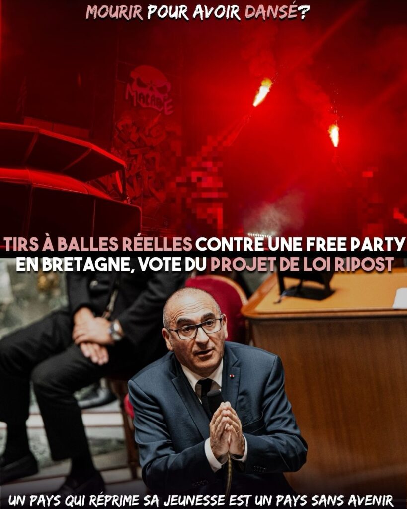 En haut des fumigènes lors d'une free party, en bas Laurent Nunez défend la loi Ripost à l'Assemblée.