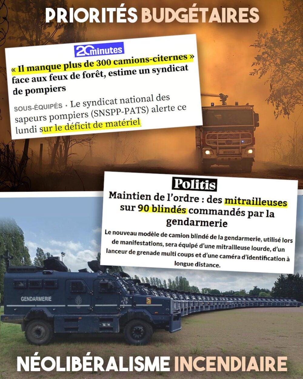 En haut un camion de pompiers lutte seul au milieu des flammes. En bas des blindés Centaure de la gendarmerie sont alignés par dizaines, prêts à réprimer la population.