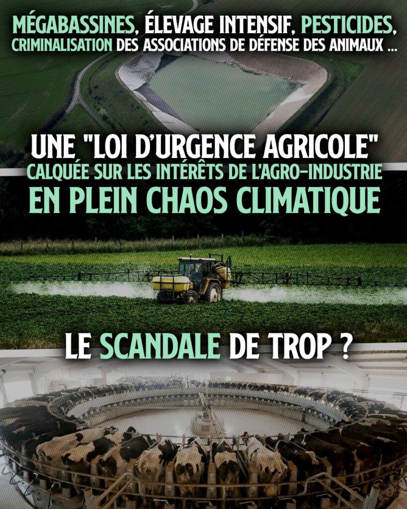 Une mégabassine, un tracteur qui épand des pesticides sur un champ et des vaches alignées sur une trayeuse : autant d'horreurs qui seront renforcées par la loi d'urgence agricole