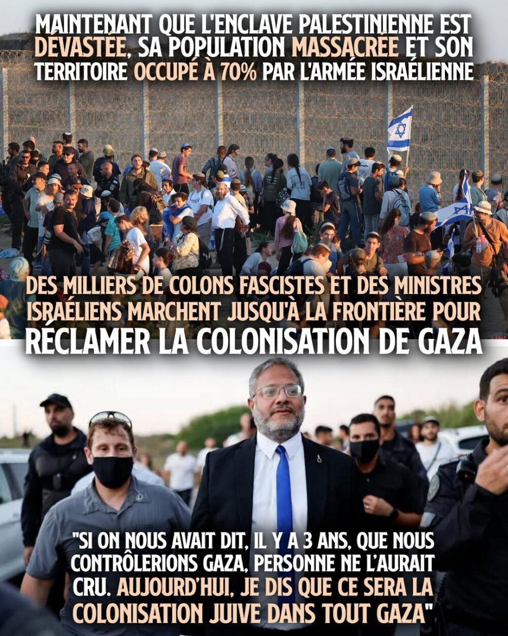 Le ministre israélien Itamar Ben Gvir parade lors d'une marche des colons sur Gaza.