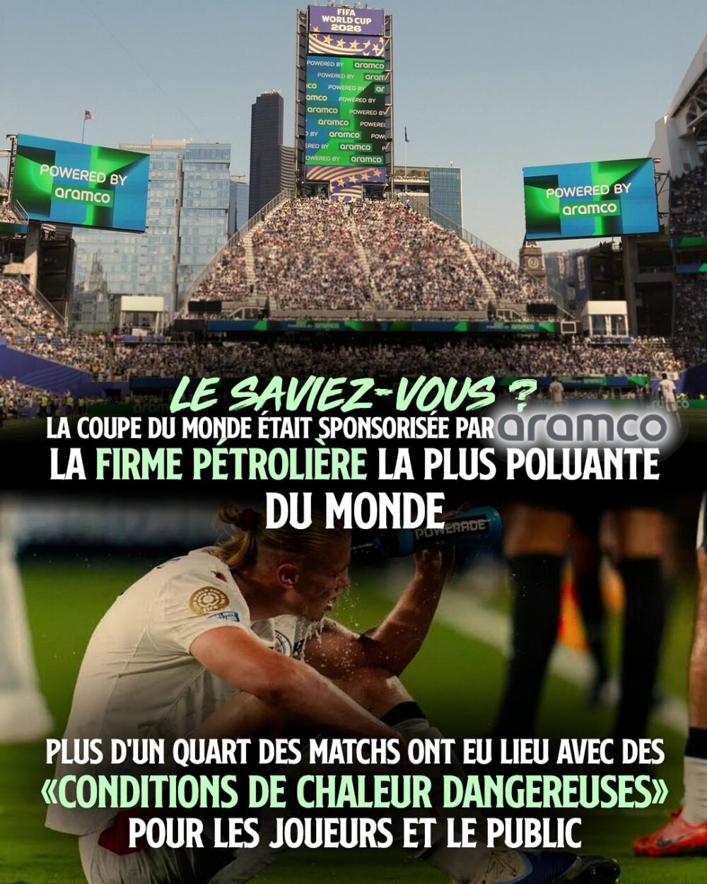 Des publicités pour le géant pétrolier Aramco partout dans les stades de la coupe du monde, alors que les joueurs doivent faire des pauses fraîcheur et jouent en pleine canicule.