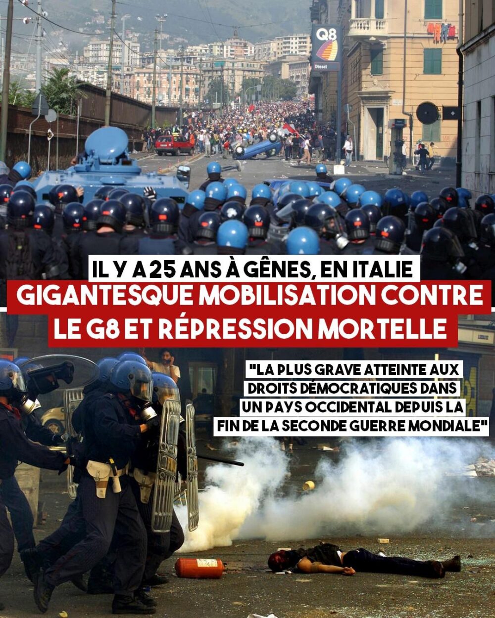 Pour le G8 de Gênes, des manifestants font face à des policiers casqués en haut, Carlo Giuliani reste à terre après avoir été abattu en bas.