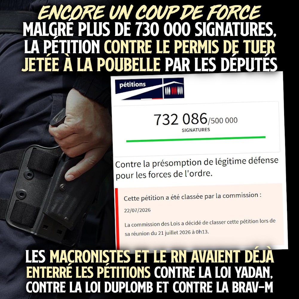 «La Commission des Lois a décidé de classer cette pétition lors de sa réunion du 21 juillet 2026 à 0h13» : la pétition contre le permis de tuer enterrée par l'Assemblée.