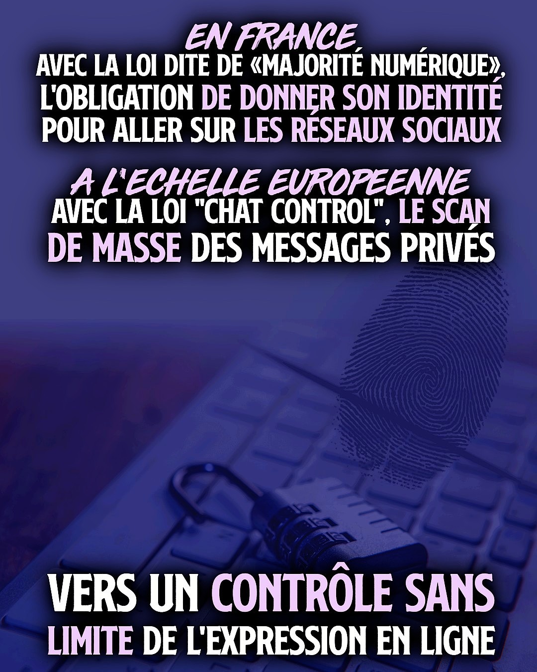 Un cadenas et une empreinte digitale au-dessus d'un clavier : le contrôle d'Internet et des réseaux sociaux à l'ordre du jour