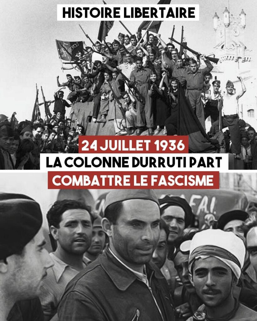 En haut des révolutionnaires massés sur un char siglé CNT, en bas Buenaventura Durruti