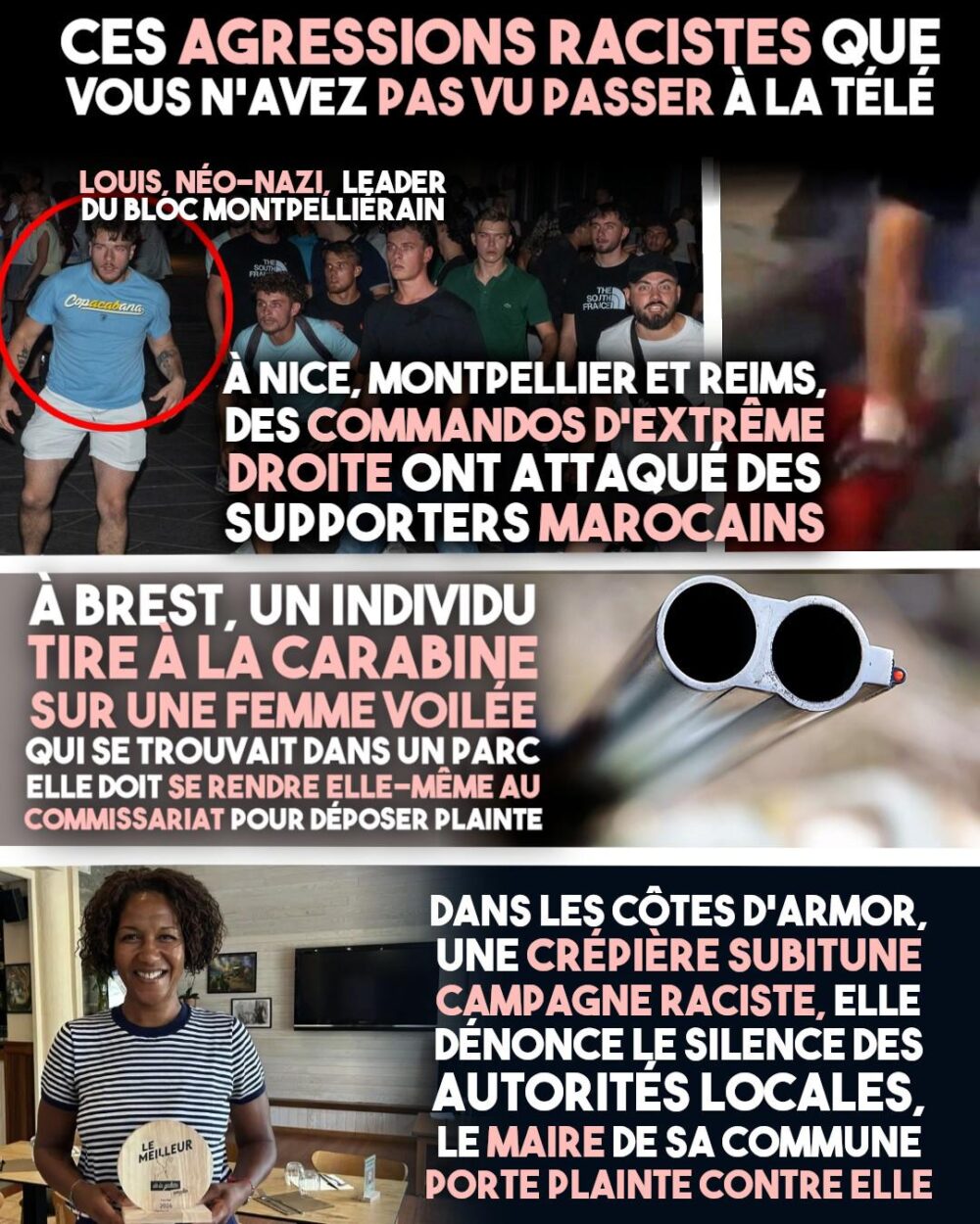 À Nice, Montpellier et Reims, des supporters commettent des agressions racistes, tandis qu'à Brest une femme voilée se fait tirer dessus et qu'une crêpière noire subit une campagne raciste dans les Côtes d'Armor.
