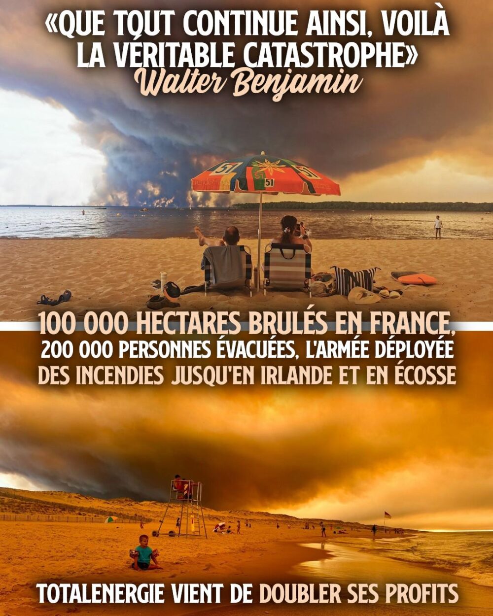 Des vacanciers et un enfant sur une plage en Gironde, pendant qu'un méga-feu consume tout sur son passage.