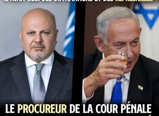 À gauche Karim Khan, le procureur de la Cour Pénale Internationale qui a osé émettre des mandats d'arrêt contre les dirigeants israéliens. À Droite Netanyahou trinque à sa destitution.