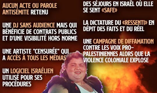 Barbara Butch derrière ses platines, sur fond de bombardement en Palestine.