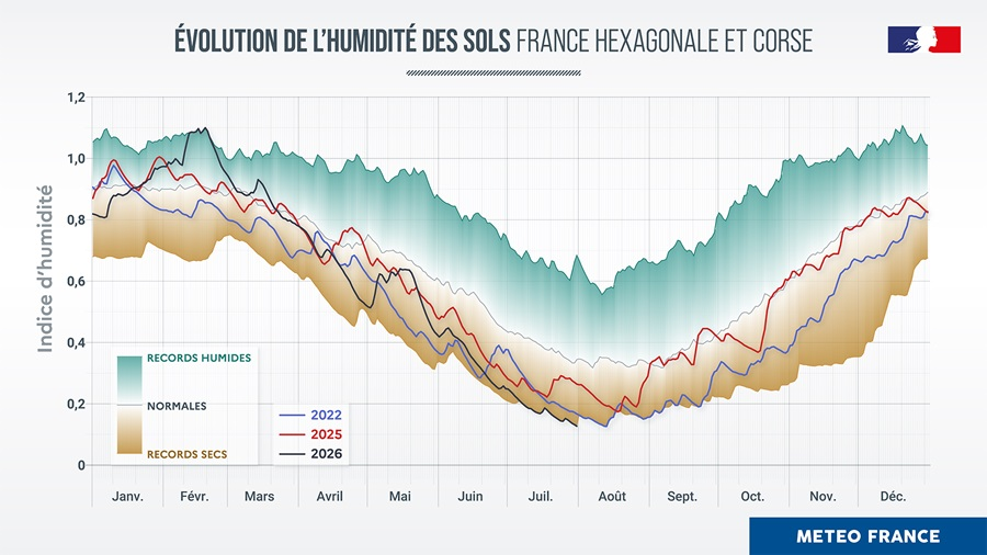 Dans son bilan climatique du mois de juillet, Météo France résume en un graphique la catastrophe en cours : alors qu'au mois de février la métropole battait un record d'humidification des sols, c'est désormais un record de sécheresse cinq mois plus tard.