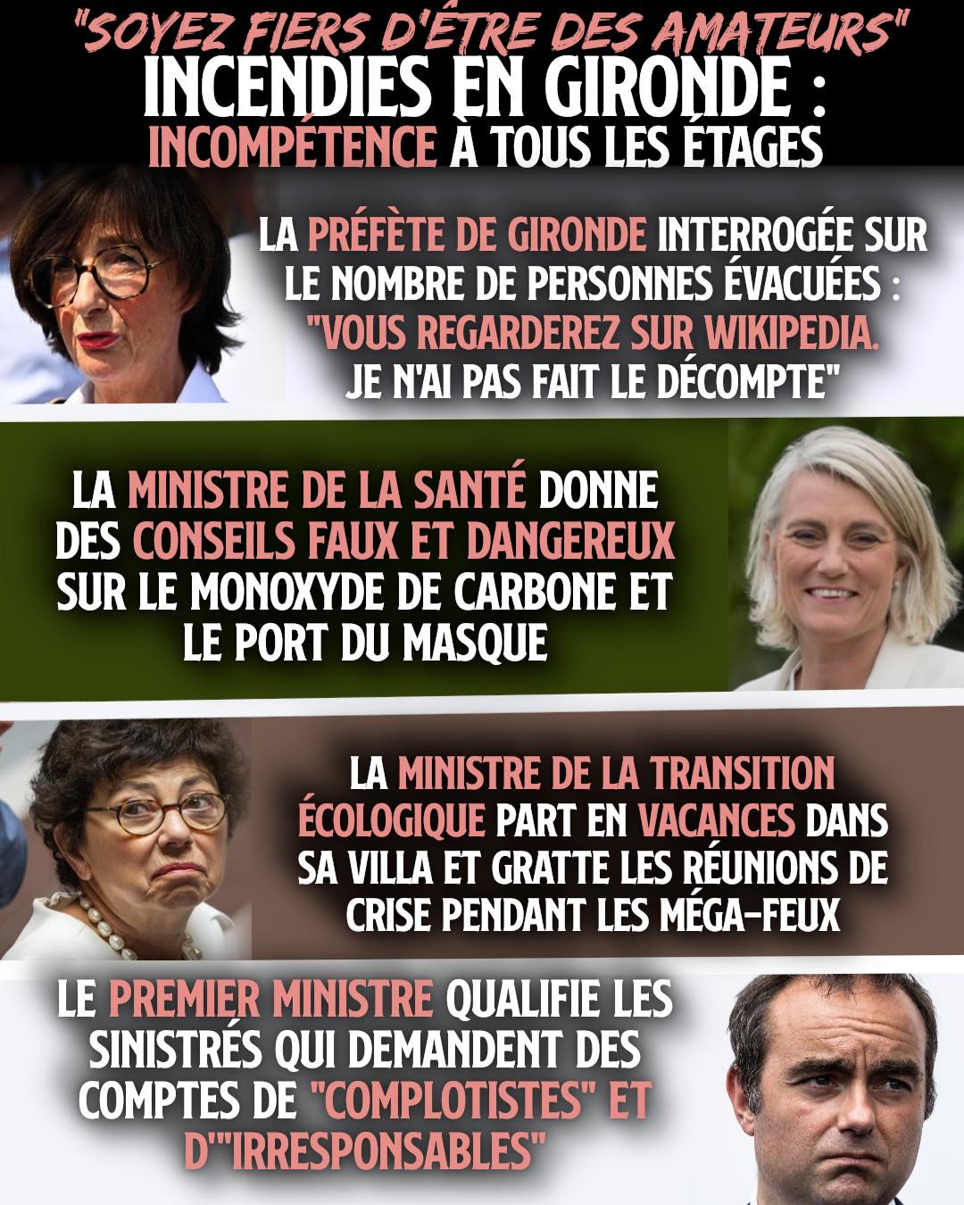 «Soyez fiers d’être des amateurs», avait déclaré Macron à ses députés qui avaient voté contre l’allongement des congés pour les parents ayant perdu un enfant, en 2020. «Amateur» est synonyme d’inhumain et dangereux, dans la langue du pouvoir. Une nouvelle preuve avec la gestion des gigantesques incendies en Gironde.