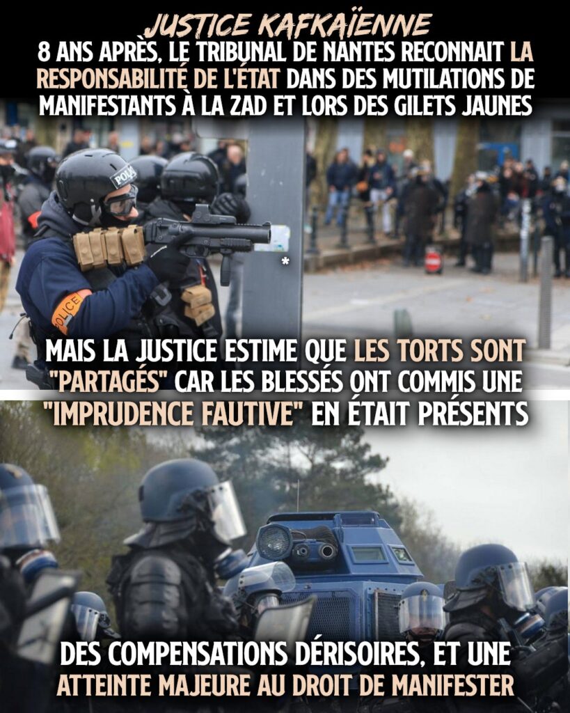 En haut le policier responsable de la blessure d'Adrien, en bas un blindé de la gendarmerie sur la ZAD de Notre-Dame-des-Landes
