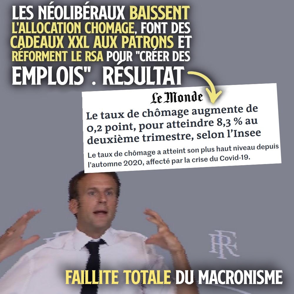 Emmanuel Macron enchaînant les promesses, alors que ses mesures augmentent le chômage et les inégalités.