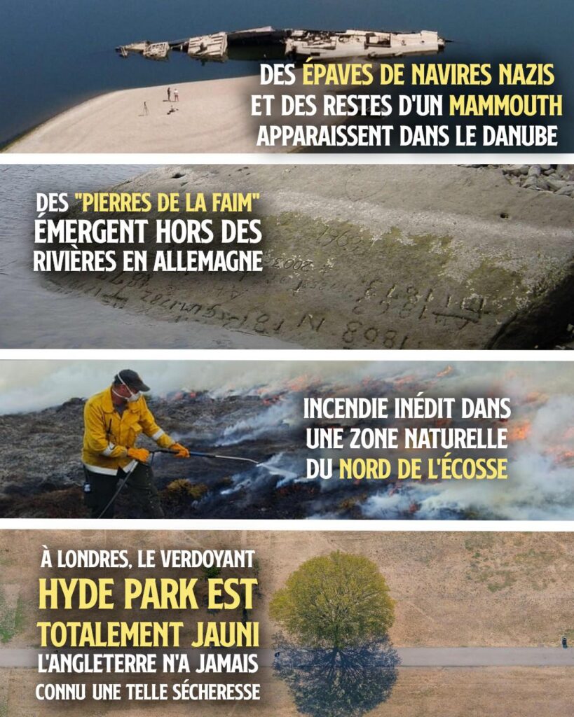 Des épaves de navires nazis dans le Danube, des pierres de la faim en Allemagne, un incendie en Écosse et Hyde Park desséché : quatre images de la catastrophe climatique.