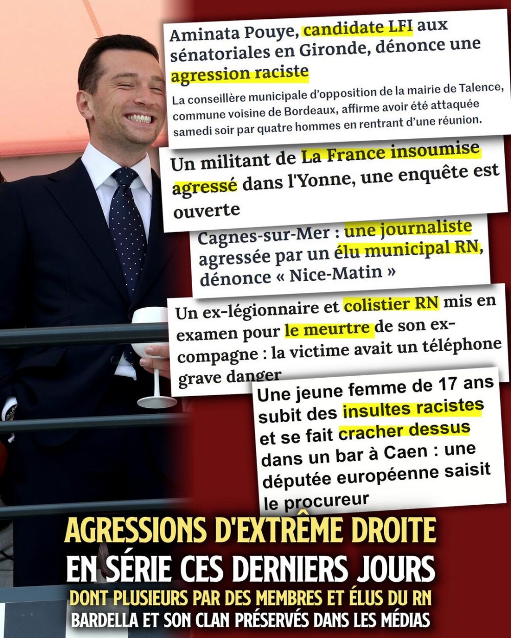 Jordan Bardella, le couchou du RN, est tout sourire car son parti se développe malgré des agressions en série qui ne font pas la Une des médias.