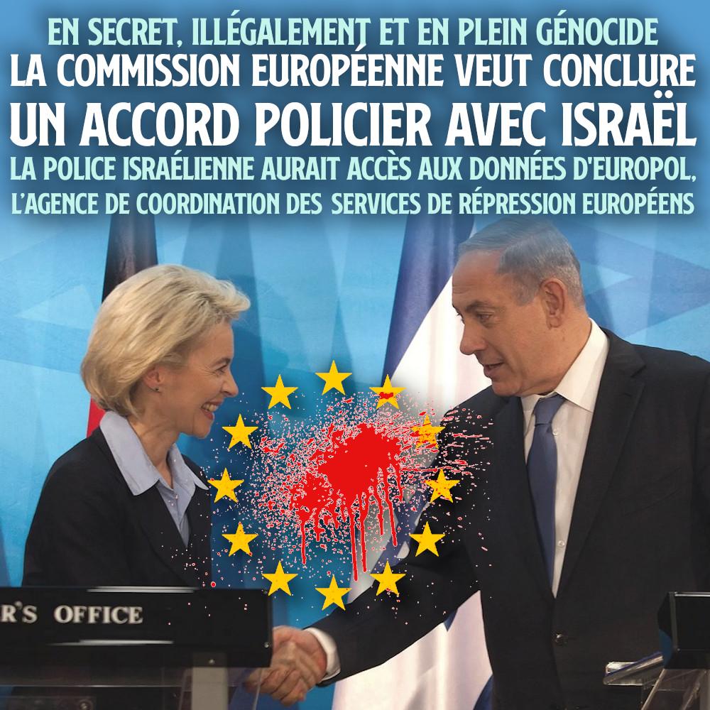 Ursula Von Der Leyen, présidente de la Commission Européenne, serre la main de Benjamin Netanyahou, le premier ministre génocidaire israélien.