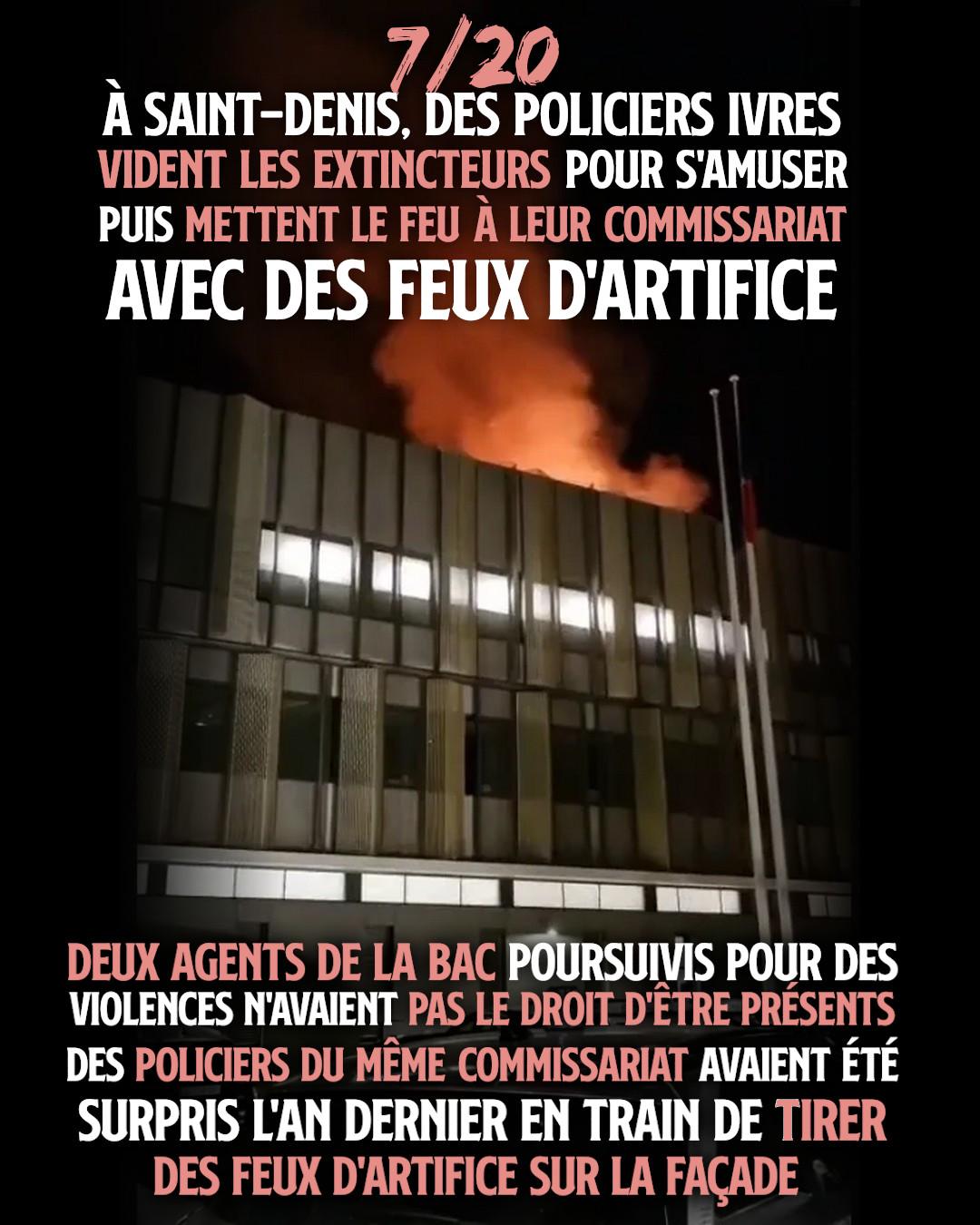 Le toit du commissariat de Saint-Denis en flammes après que la BAC ait un peu trop fait la fête avec des mortiers d'artifice.