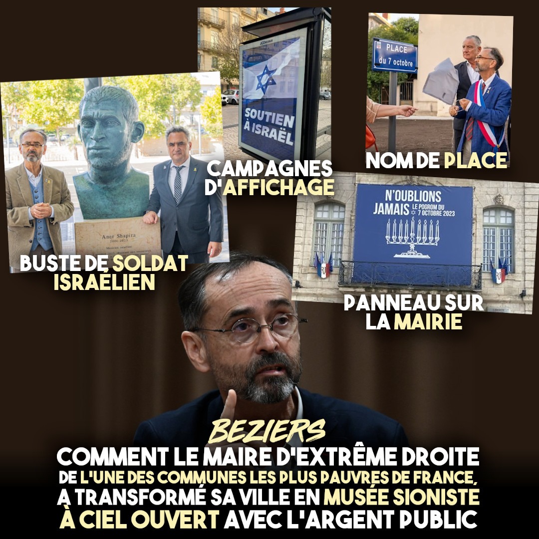 Le maire de Béziers, Robert Ménard, affiche partout son soutien à l'État génocidaire