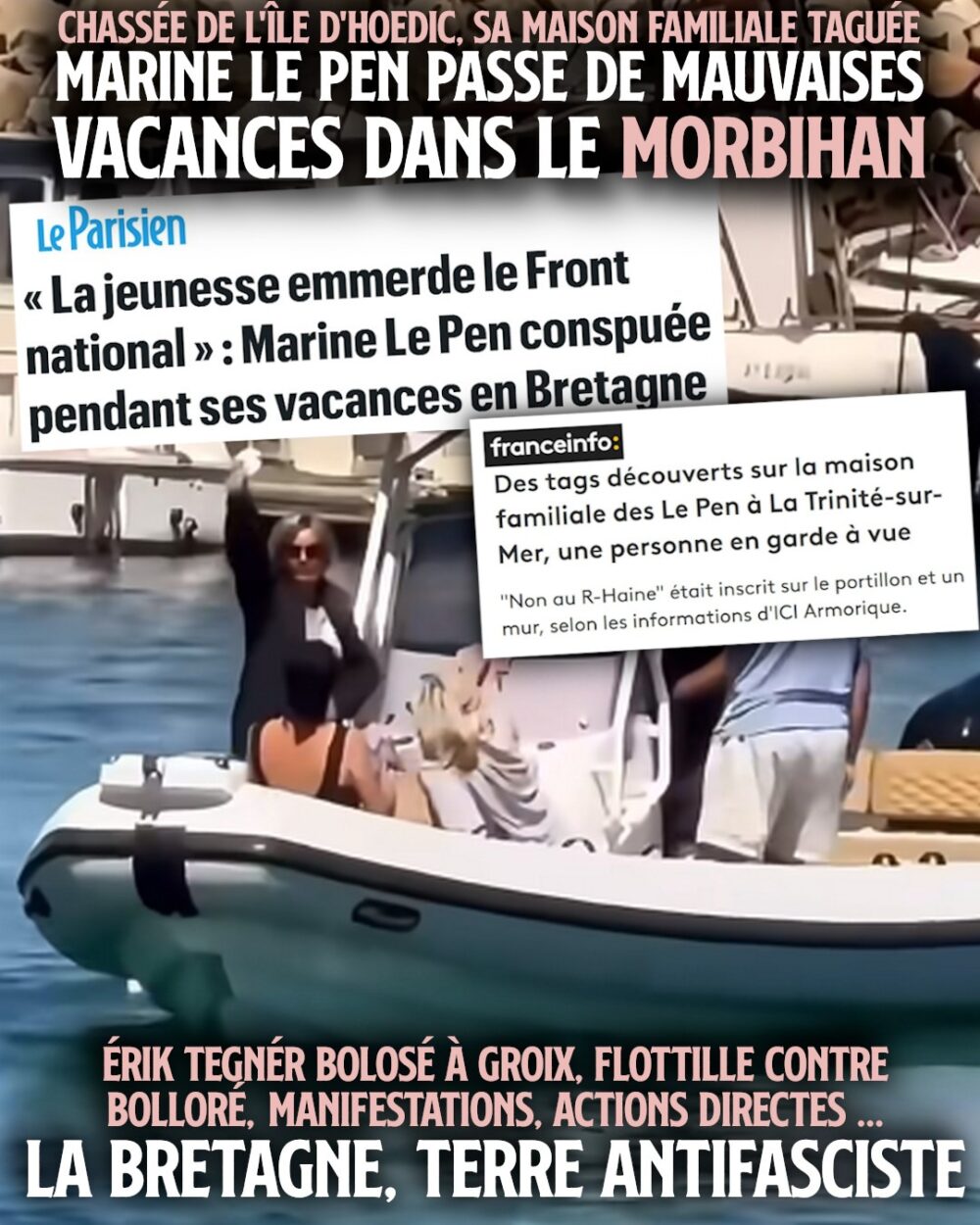 Marine Le Pen dégage de Hoëdic en bateau sous la pression des passants l'ayant reconnue