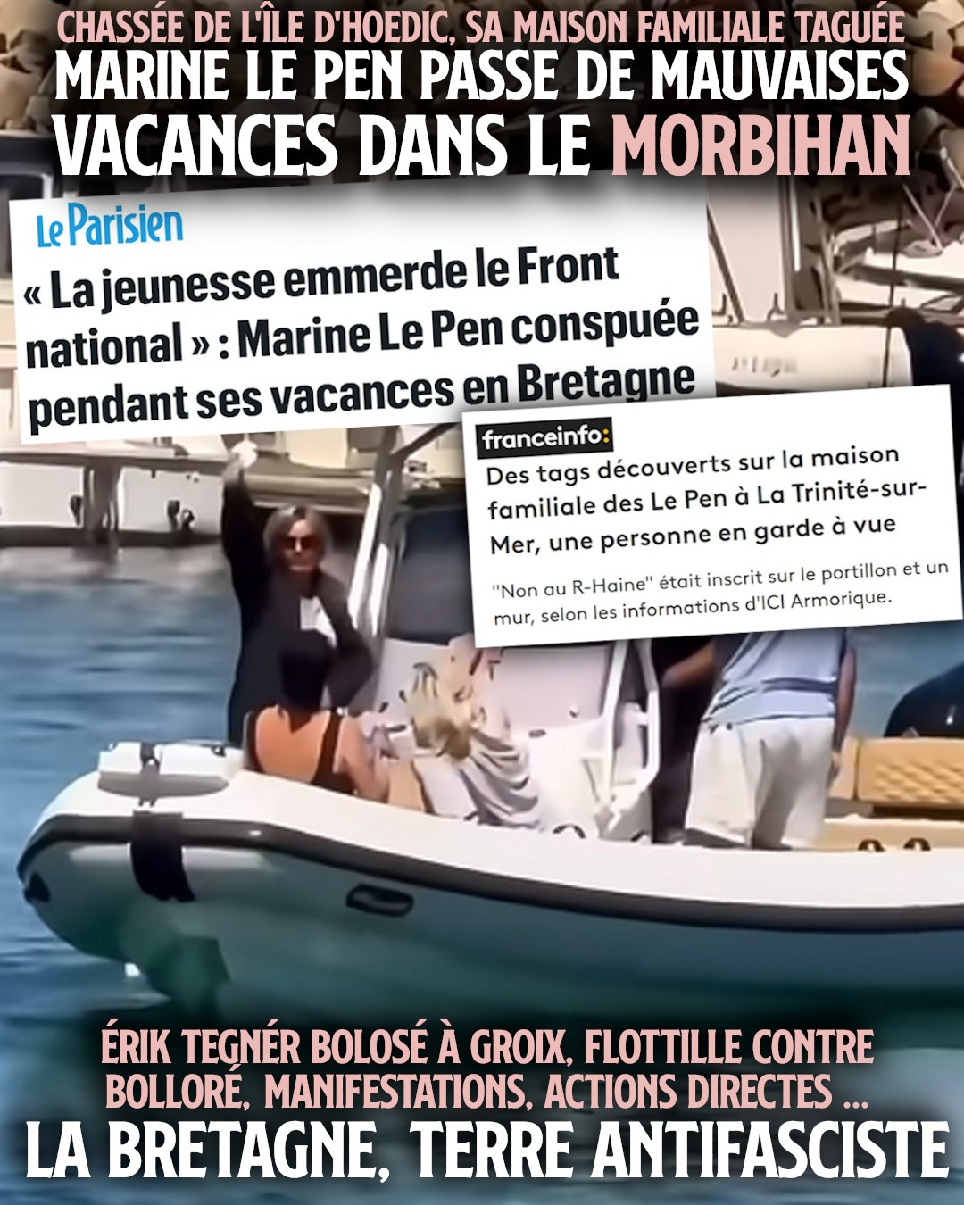 Marine Le Pen dégage de Hoëdic en bateau sous la pression des passants l'ayant reconnue