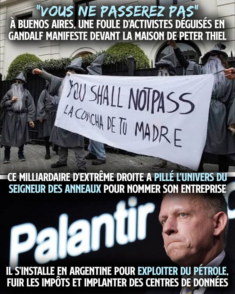 En haut des manifestants déguisés en Gandalf, en bas Peter Thiel, le techno-fasciste propriétaire de Palantir.