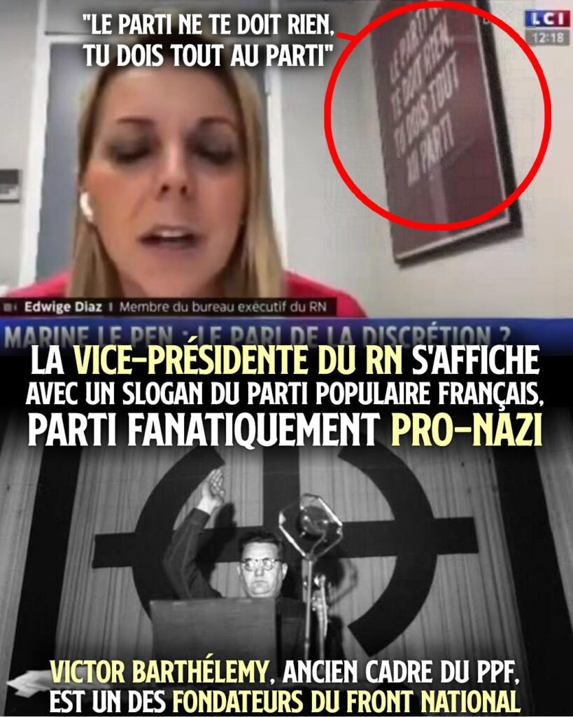 En haut Edwige Diaz, vice-présidente du RN, avec une affiche comportant le slogan «Le parti ne te doit rien, tu dois tout au parti».
En bas Jacques Doriot, le petit führer français, leader du Parti Populaire Français à l'origine du slogan.