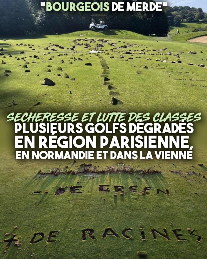 Sur un green de Tremblay-sur-Mauldre, l'inscription "- de green, + de racines" a été fait à la bêche.