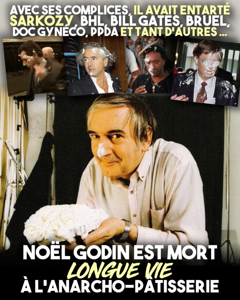 Noël Godin, facétieux belge au visage youpissant, tenant une tarte à la crème entre ses doigts.