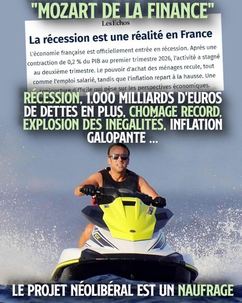 Macron sur son jet ski : le Mozart de la finance est au service d'un projet ultra-libéral qui n'enrichit que les riches.