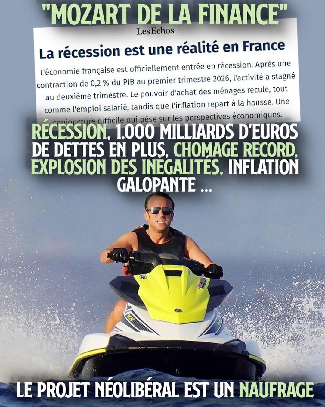 Macron sur son jet ski : le Mozart de la finance est au service d'un projet ultra-libéral qui n'enrichit que les riches.