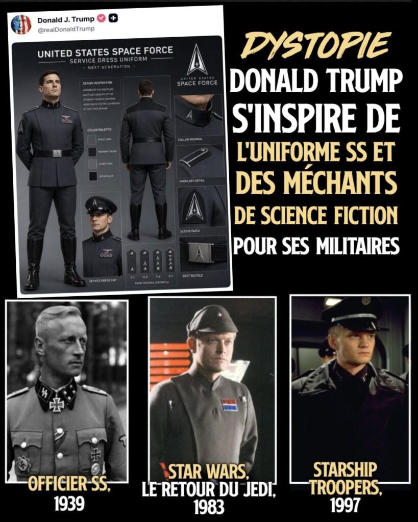 Une veste cintrée, une posture martiale, des bottes longues en cuir noir, une ceinture portant le logo "Space Force", un costume anthracite... Tout est fait ici pour rappeler l'esthétique nazie, et en particulier le célèbre uniforme SS.