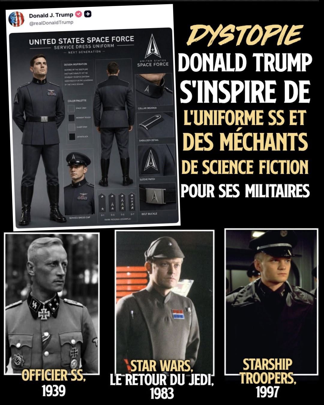 Une veste cintrée, une posture martiale, des bottes longues en cuir noir, une ceinture portant le logo "Space Force", un costume anthracite... Tout est fait ici pour rappeler l'esthétique nazie, et en particulier le célèbre uniforme SS.