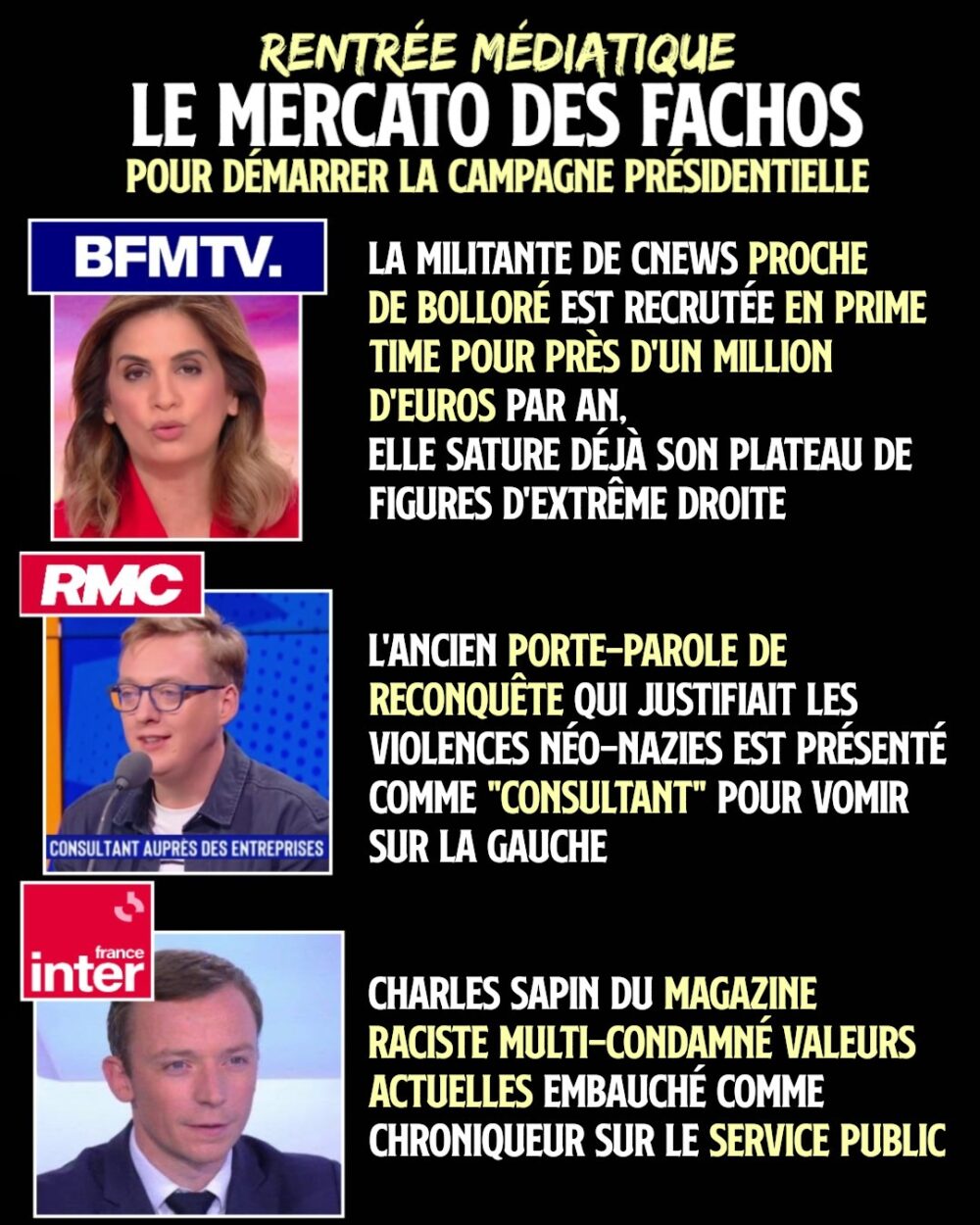 Sonia Mabrouk, Antoine Diers et Charles Sapin : des fachos sur toutes les chaînes de l'audiovisuel, qu'il soit public ou privé.