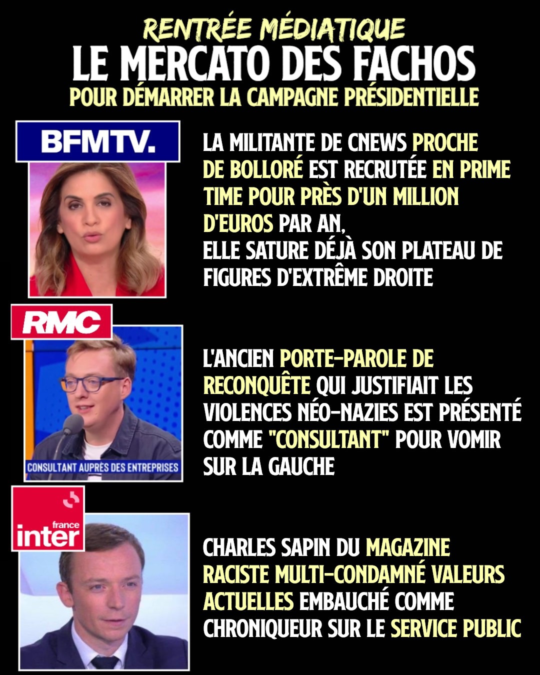 Sonia Mabrouk, Antoine Diers et Charles Sapin : des fachos sur toutes les chaînes de l'audiovisuel, qu'il soit public ou privé.