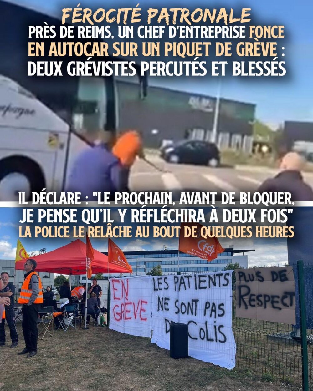 Capture d'écran du bus fonçant sur le piquet de grève, alors que le patron est au volant