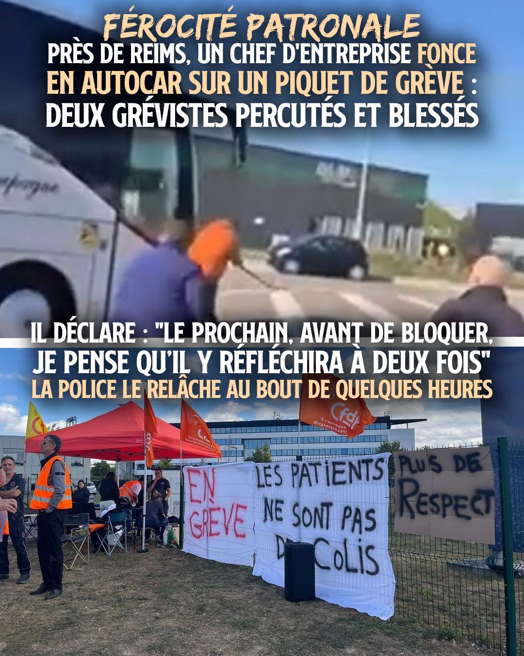Capture d'écran du bus fonçant sur le piquet de grève, alors que le patron est au volant