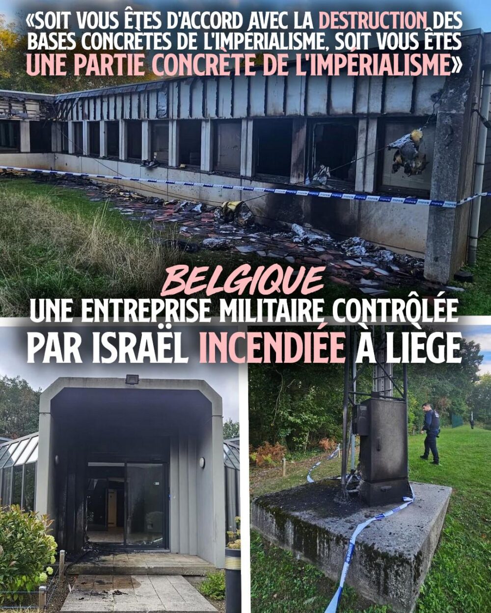 Les locaux de BATS incendiés à Liège, un communiqué revendique les flammes en solidarité avec Gaza.