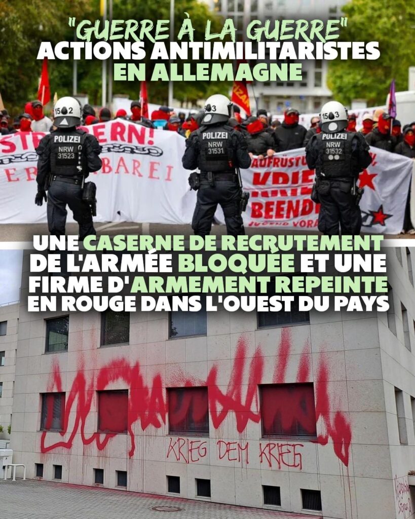 "Krieg dem Krieg", le slogan "guerre à la guerre", peint sur la façade de Rheinmetall à Bonn, tandis que la jeunesse allemande manifeste à Cologne.