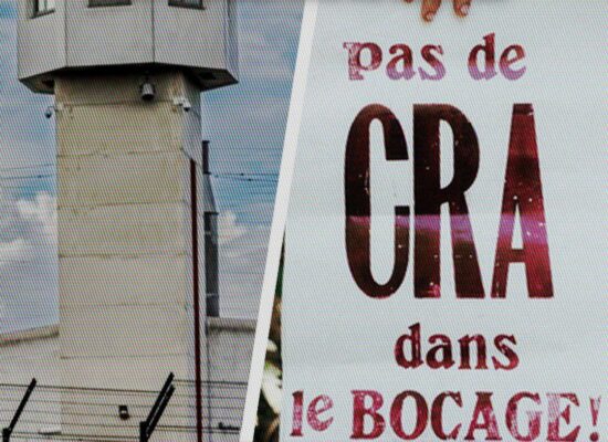 À gauche l'austère tourelle de surveillance d'une prison, à droite une affiche "pas de CRA dans le bocage" : la ZAD est partout et veut l'enfermement nulle part.