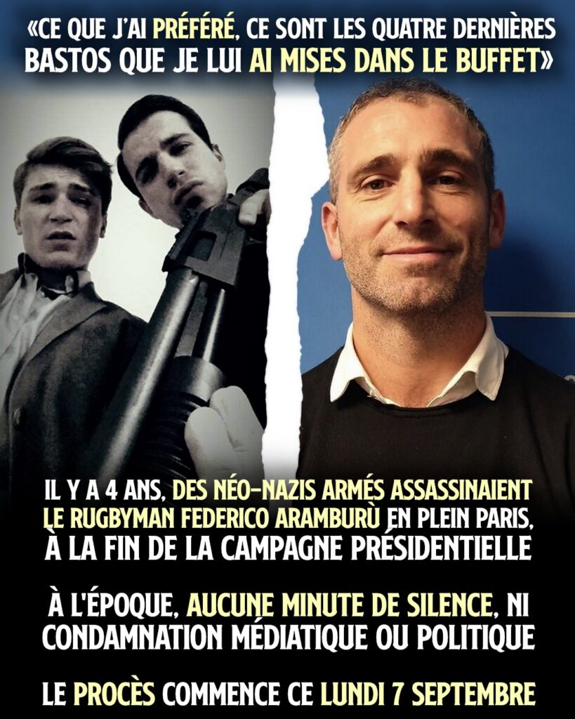 À gauche : Loïk Le Priol et Romain Bouvier posent avec un fusil à pompe.
À droite : Federico Martín Aramburú, assassiné par les deux fascistes en 2022.