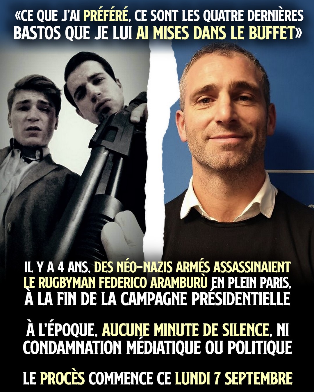 À gauche : Loïk Le Priol et Romain Bouvier posent avec un fusil à pompe. À droite : Federico Martín Aramburú, assassiné par les deux fascistes en 2022.