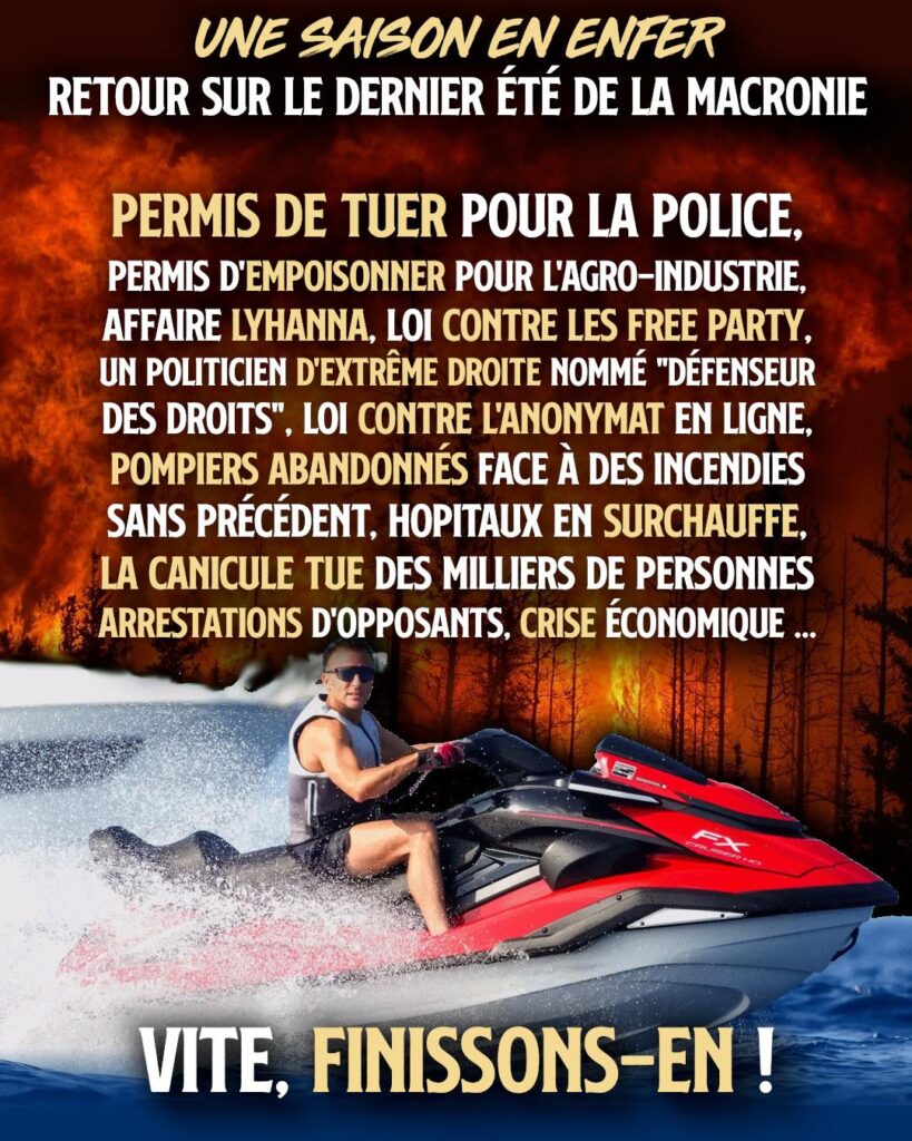 Macron pose sur son scooter des mers pendant que le pays brûle, littéralement.