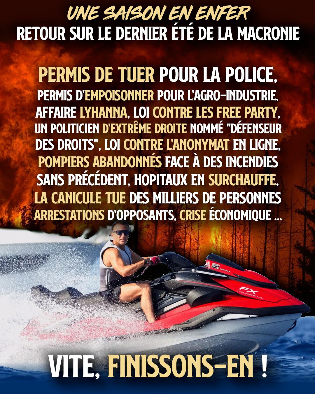 Macron pose sur son scooter des mers pendant que le pays brûle, littéralement.