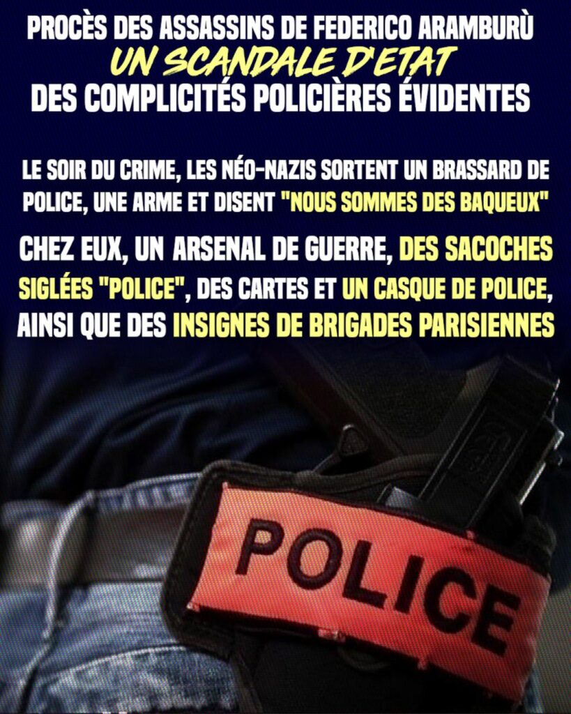 Une arme de service rangée à la ceinture avec un brassard "Police", une matériel que possédaient les tueur d'Aramburú.