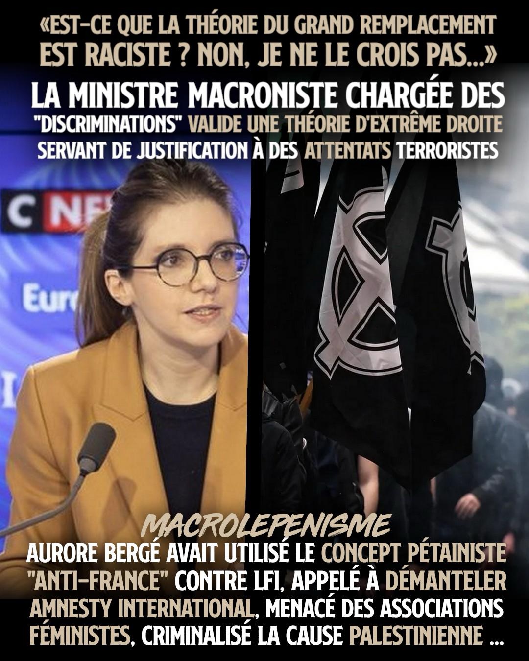 Aurore Bergé, la ministre macroniste qui valide le concept raciste de grand remplacement sur une chaîne d'extrême droite.