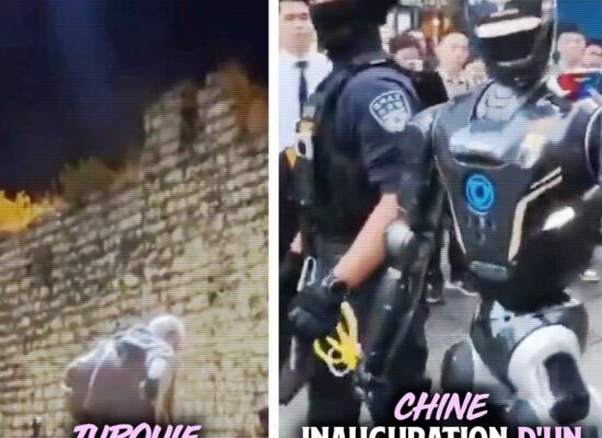 À gauche, un drone patrouille près des murailles d'Istanbul, en Turquie, pour y empêcher la consommation d'alcool. À droite, un robot policier patrouille dans la ville de Shenzhen, en Chine, alors qu'un commissariat automatisé vient d'ouvrir.
