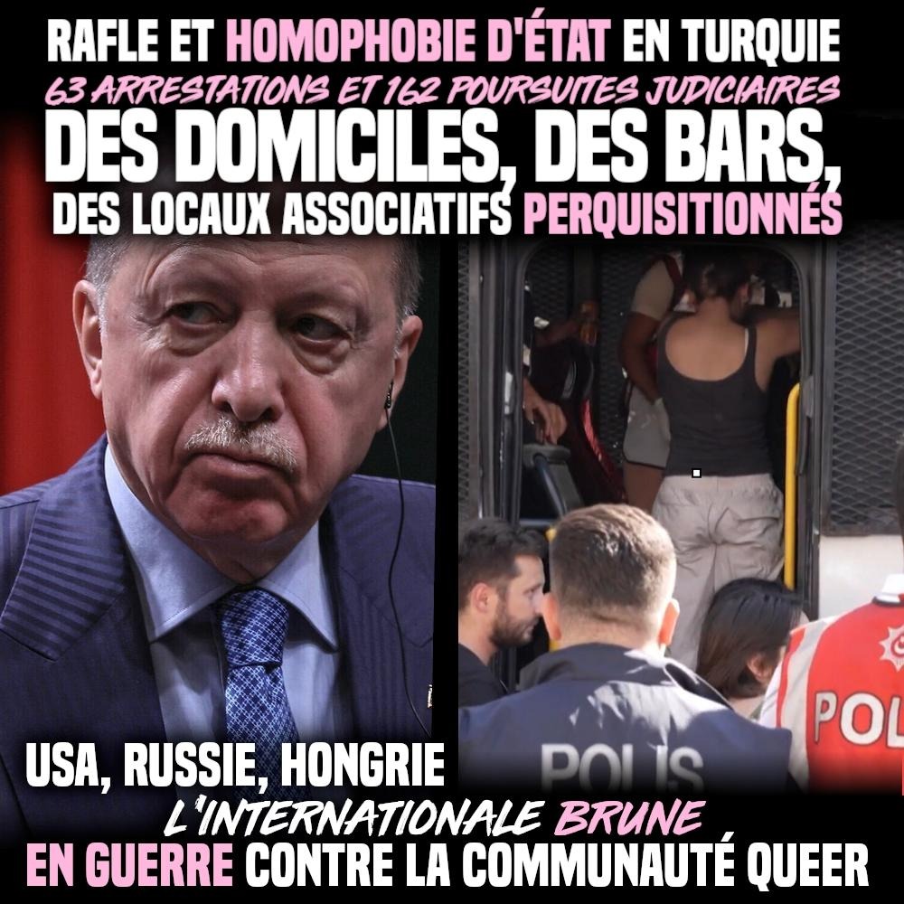 À gauche Recep Tayyip Erdogan, le président turc. À droite des queer que le premier fait enfermer.