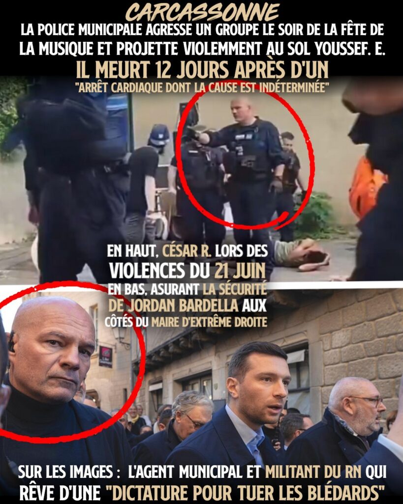 César Ramaut, chef de la police municipale de Carcassonne, en haut lors d'une agression qui a aboutit à la mort de Youssef, en bas en tant que membre de la sécurité de Jordan Bardella.